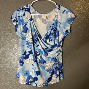 Xhilaration Women’s XL Blue Floral Draped Cowl Neck Stretch Top Blouse H Her